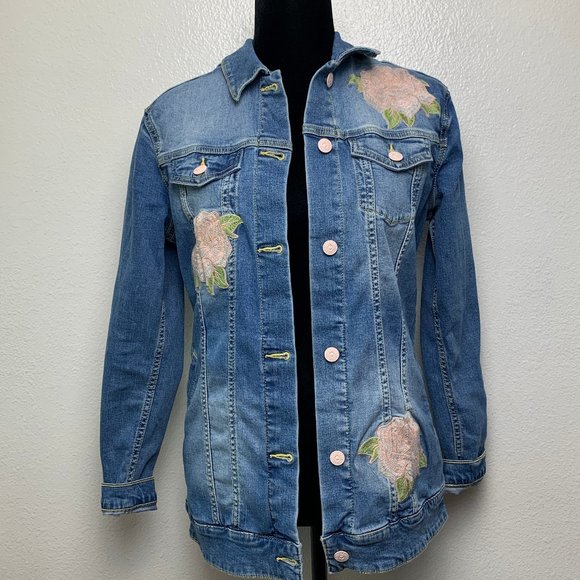 Lularoe Jaxon Embroidered Rose Denim Jacket - Picture 1 of 8